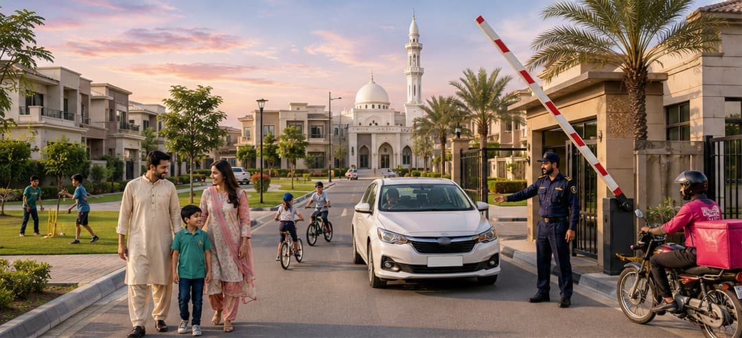 Families walking through a gated Pakistani housing society, with a guard at the entrance